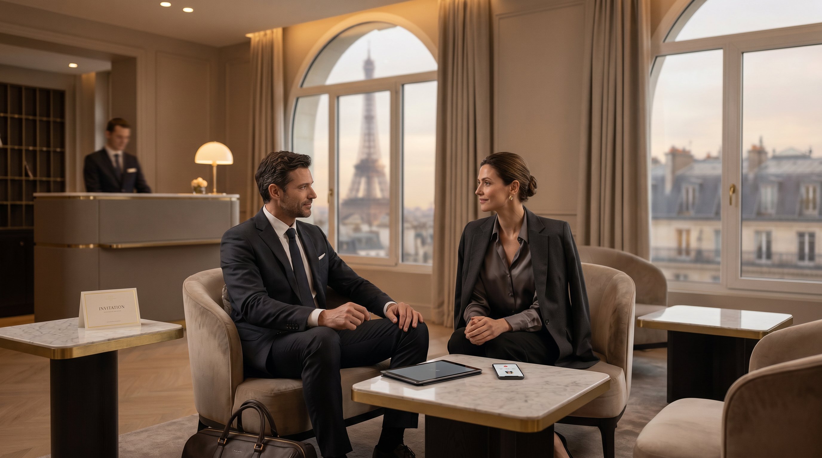 Elegant professionals in a luxury Paris hotel lounge.
