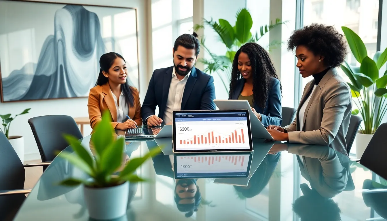 diverse team collaborating on digital business solutions in a modern office.
