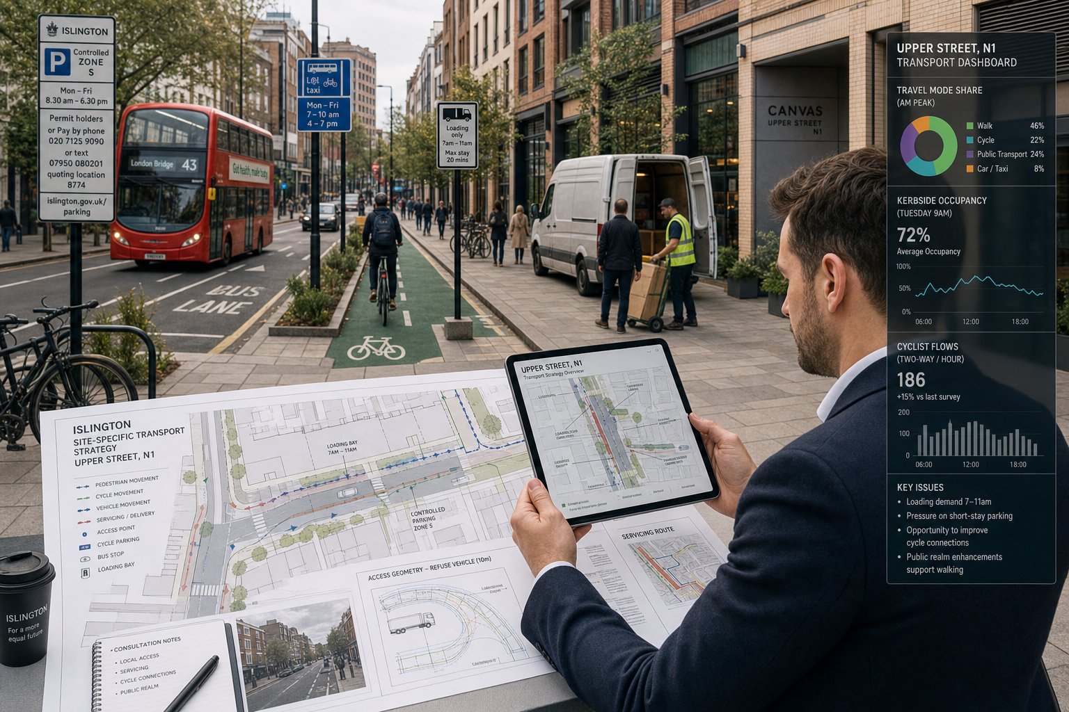 Traffic engineer reviewing a transport plan for an Islington street.