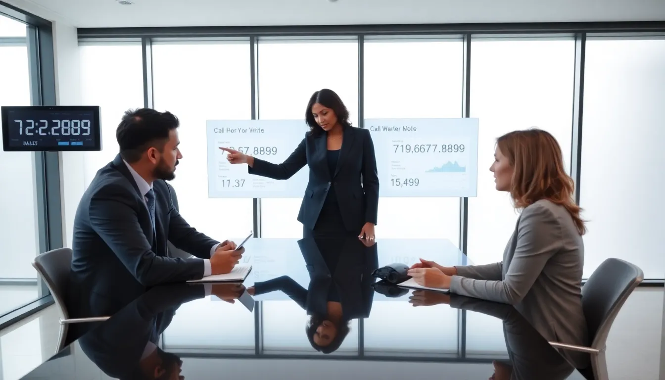 professionals discussing telecommunication in a modern office.