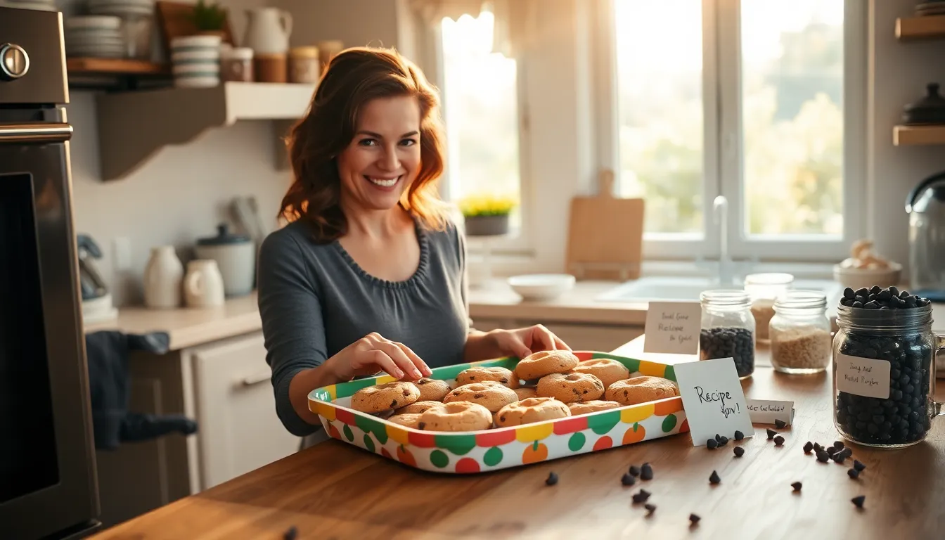 a woman baking chocolate chip cookies in a cozy kitchen.