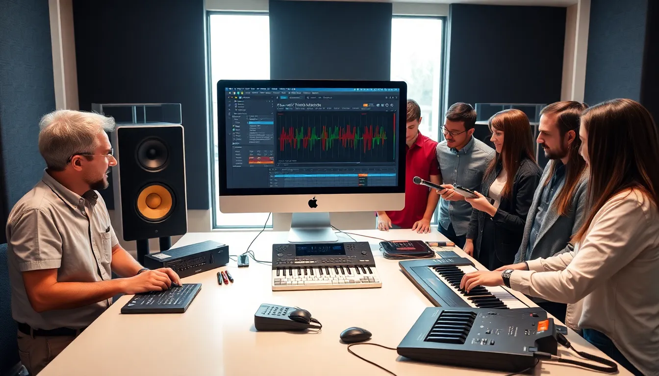 musicians using virtual instruments in a modern music studio.