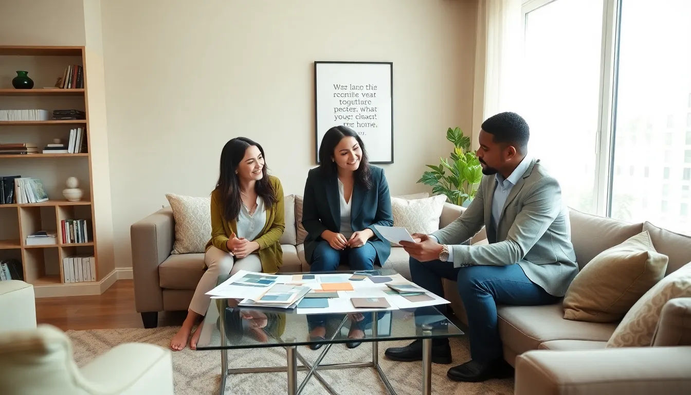 diverse group discussing home renovation goals in a modern living room.
