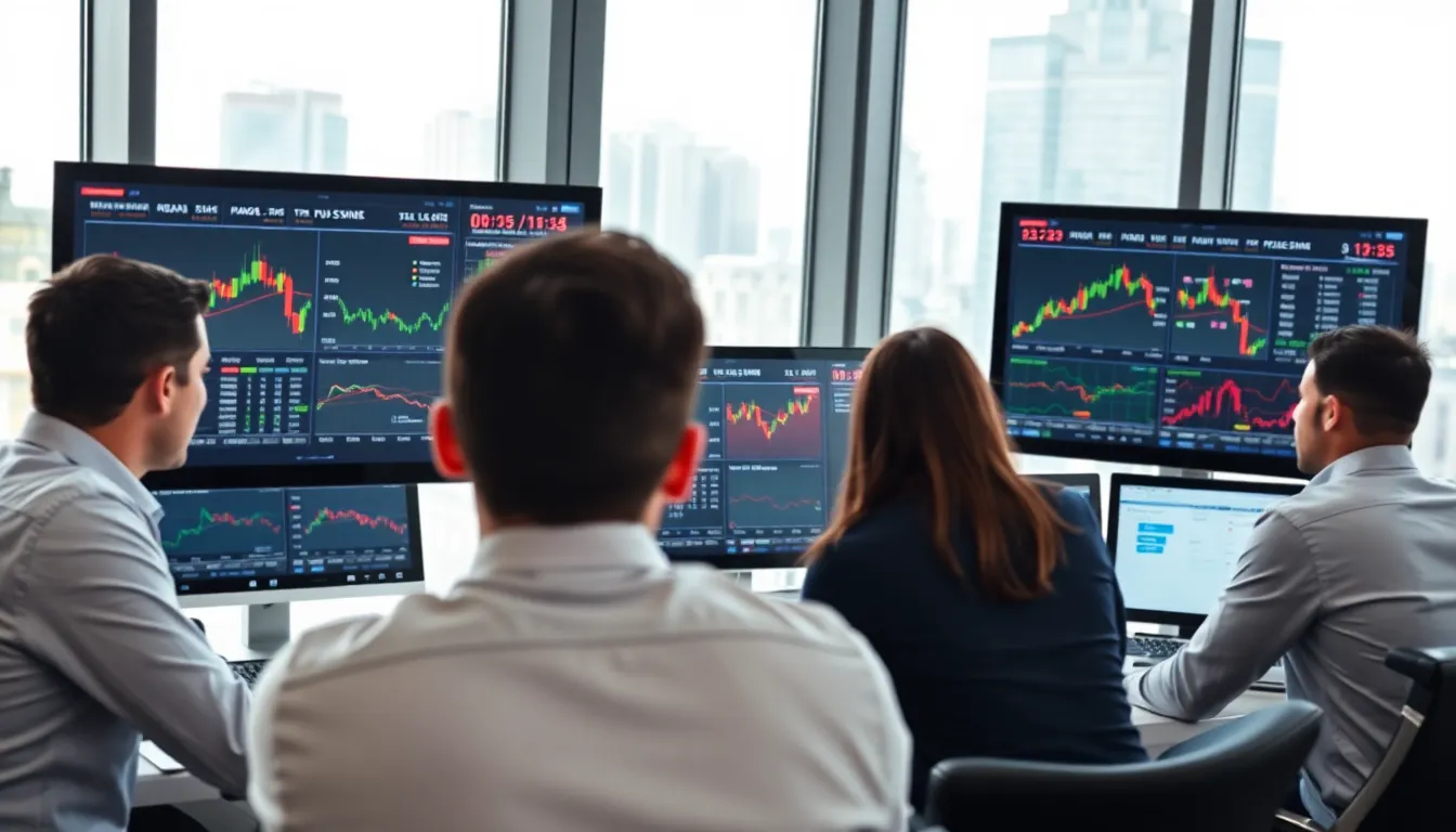 diverse professionals discussing stock market data at a modern trading desk.