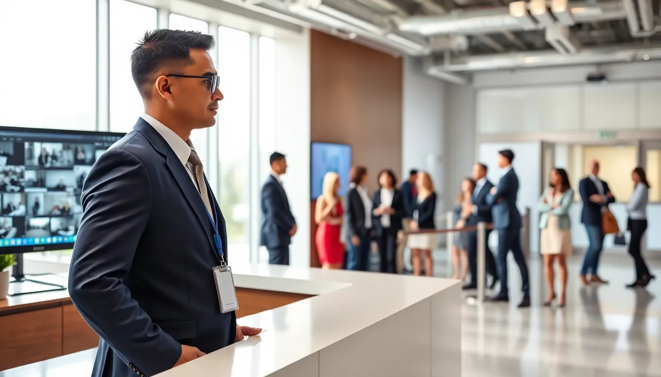 security guard monitoring a modern office environment.