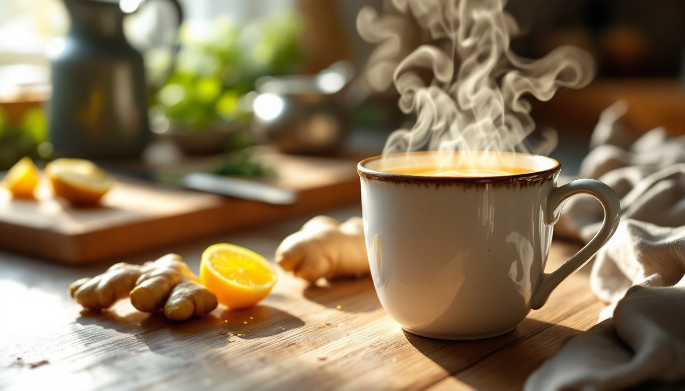 Warm ginger water in a ceramic mug on a sunlit kitchen counter.
