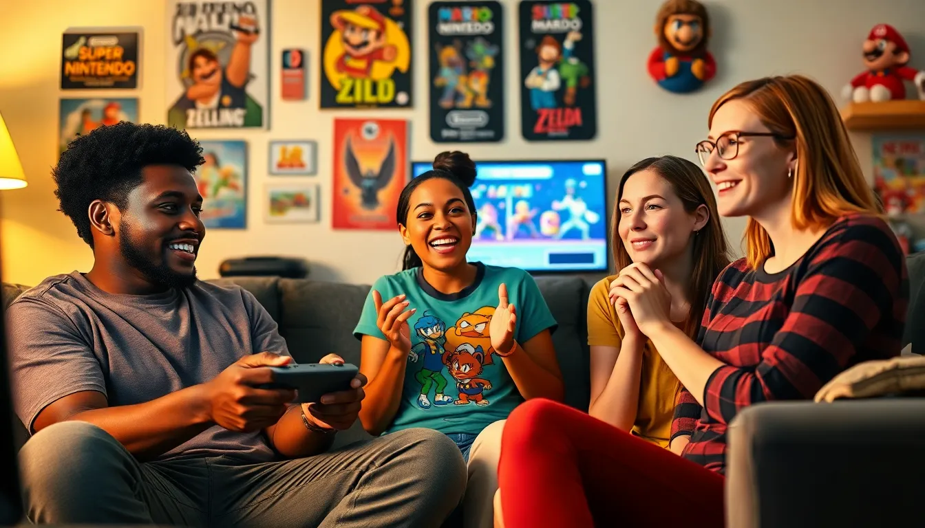 three friends joyfully playing Nintendo games in a cozy living room.