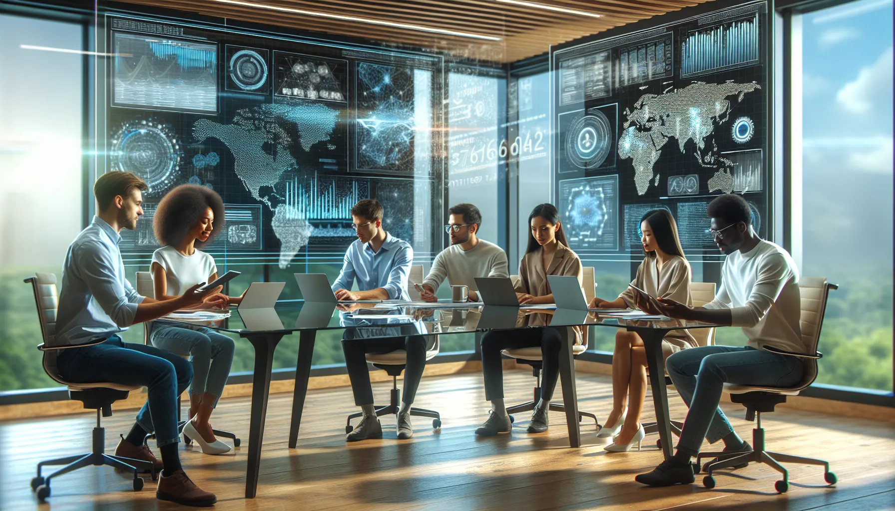 diverse team collaborating on data trends in a modern office.