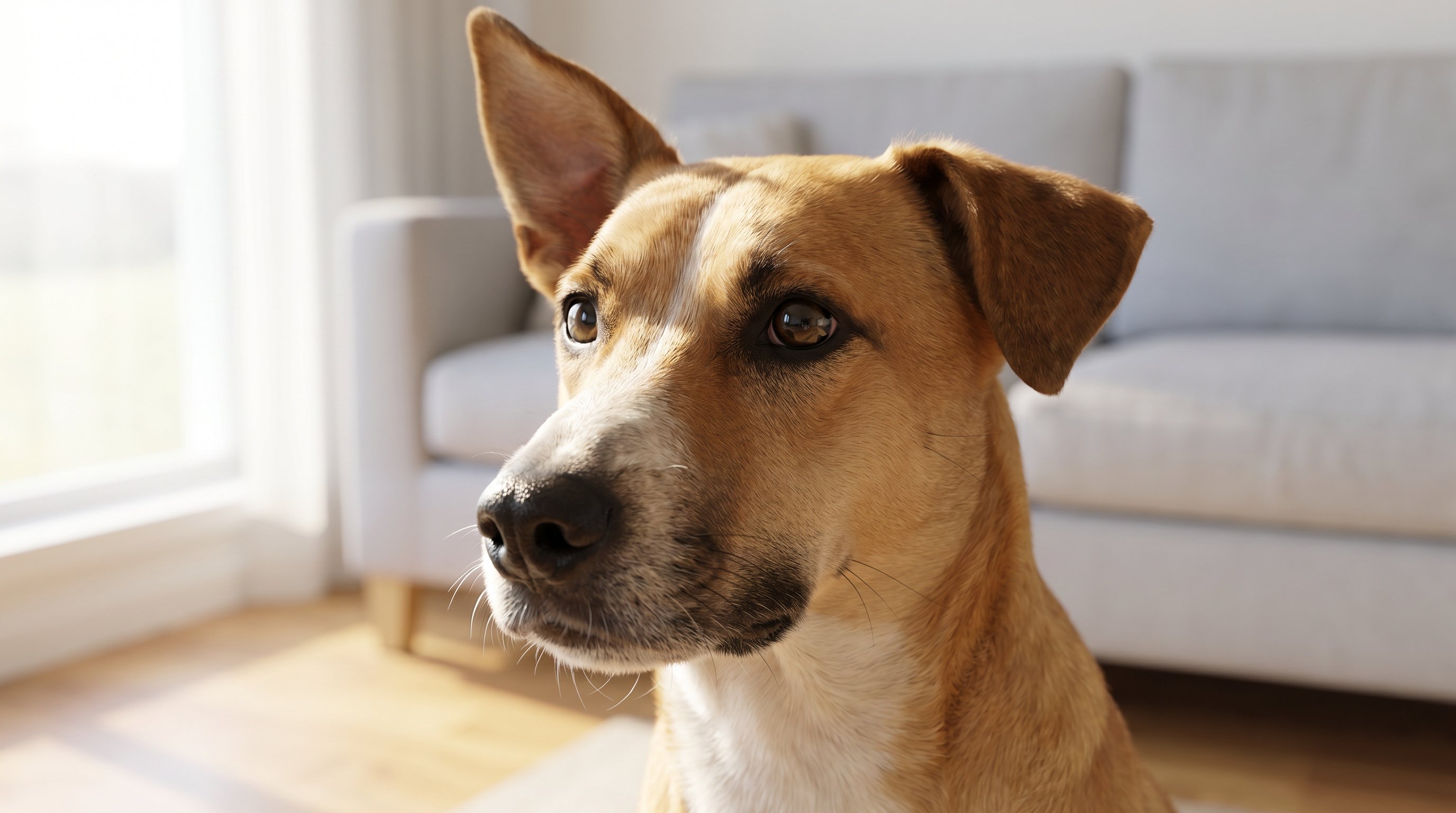 close-up three-quarter portrait of a tan-and-white dog with bright catchlights