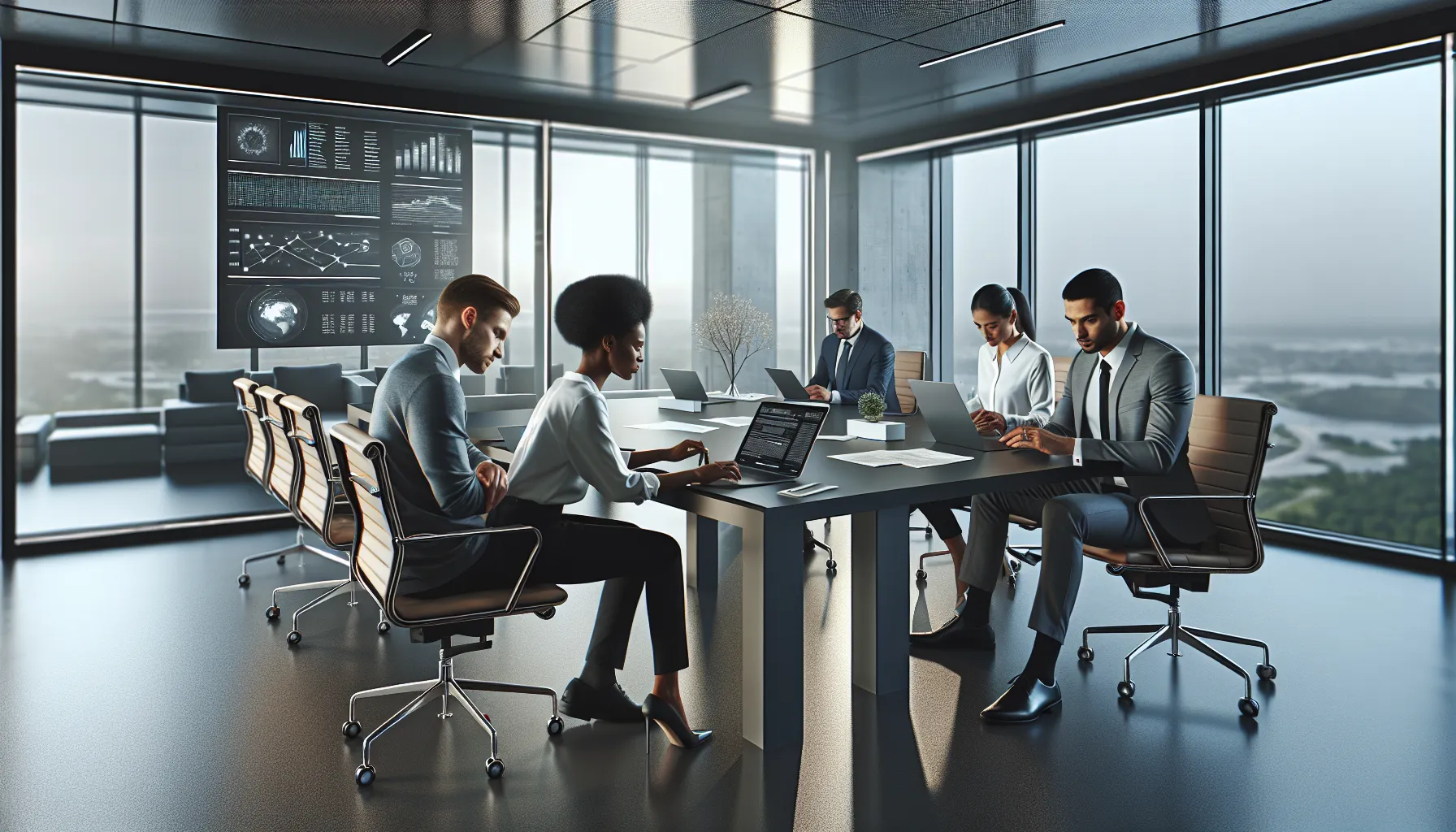 diverse professionals collaborating on plagiarism detection tools in a modern office.