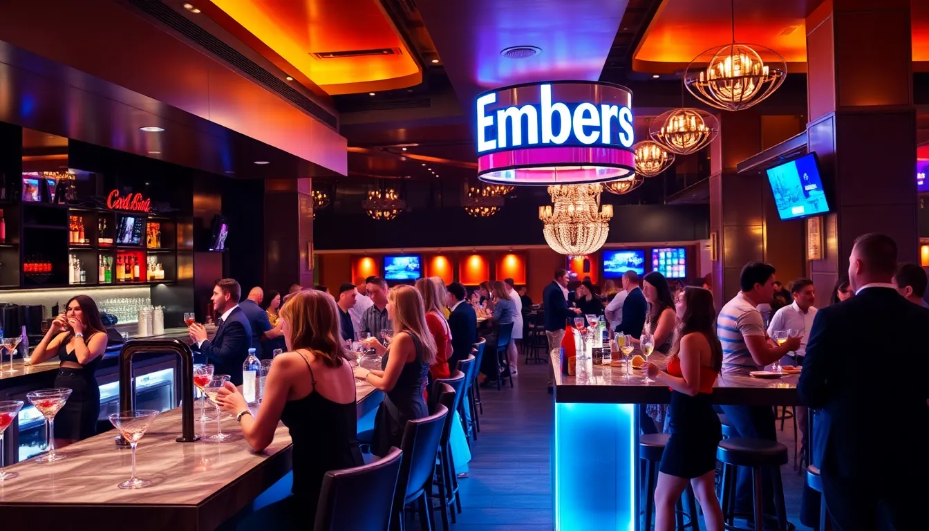 vibrant bar scene at Embers Las Vegas, with diverse patrons enjoying the atmosphere.