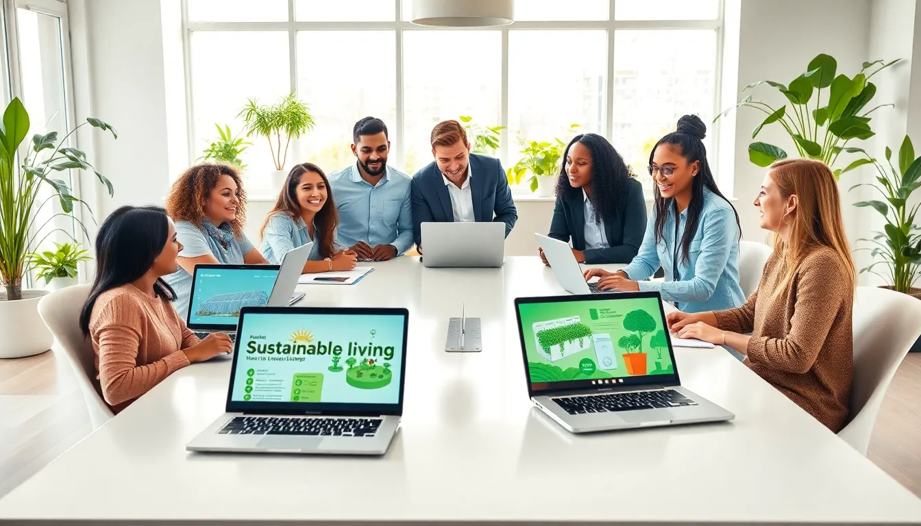 diverse team brainstorming sustainable living innovations in a bright office.