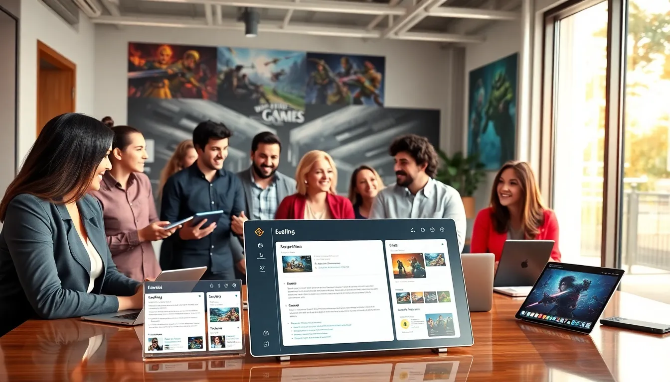 diverse team discussing game design and community engagement in a modern office.