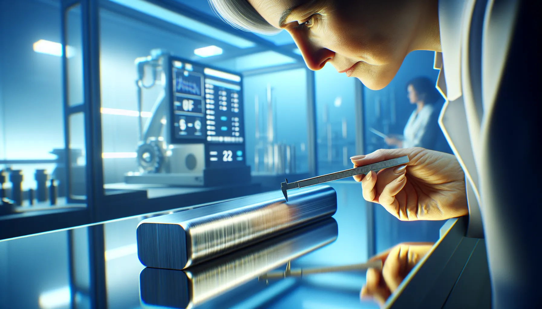a researcher examining aluminum and titanium samples in a laboratory.