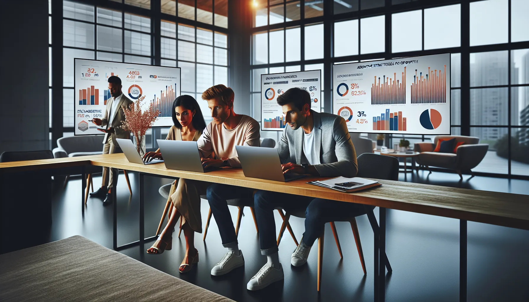 diverse team analyzing Instagram engagement data in a modern office.