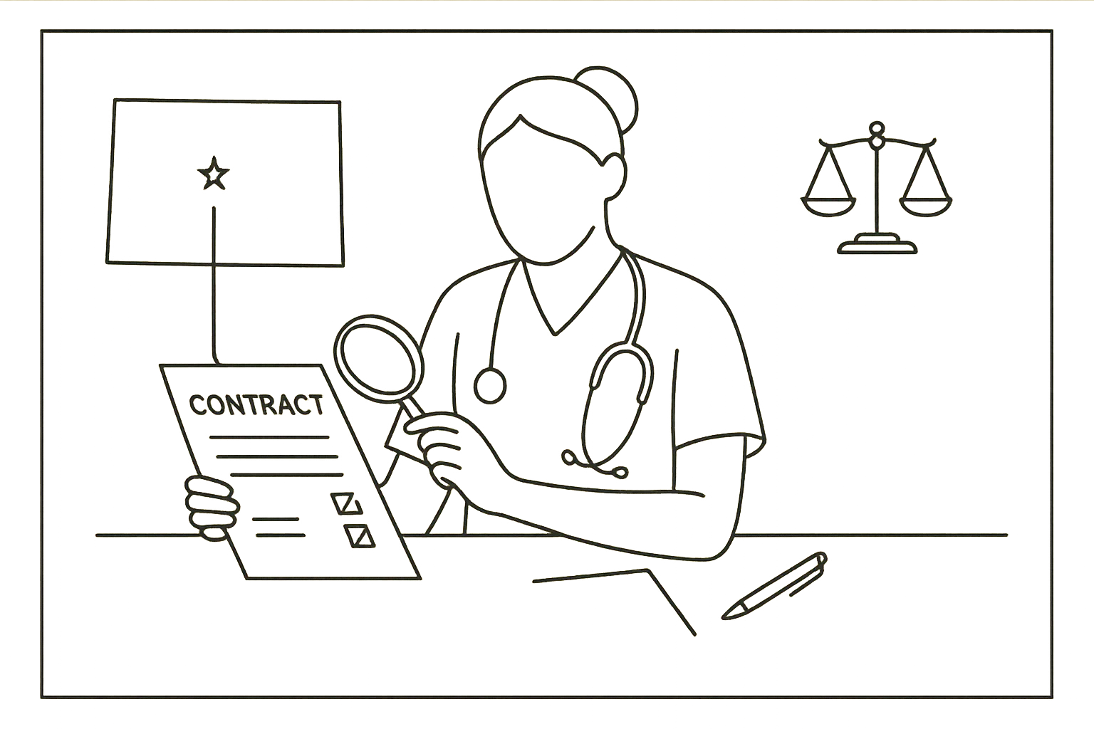 Nurse practitioner at desk examining a contract with Colorado outline and scale.