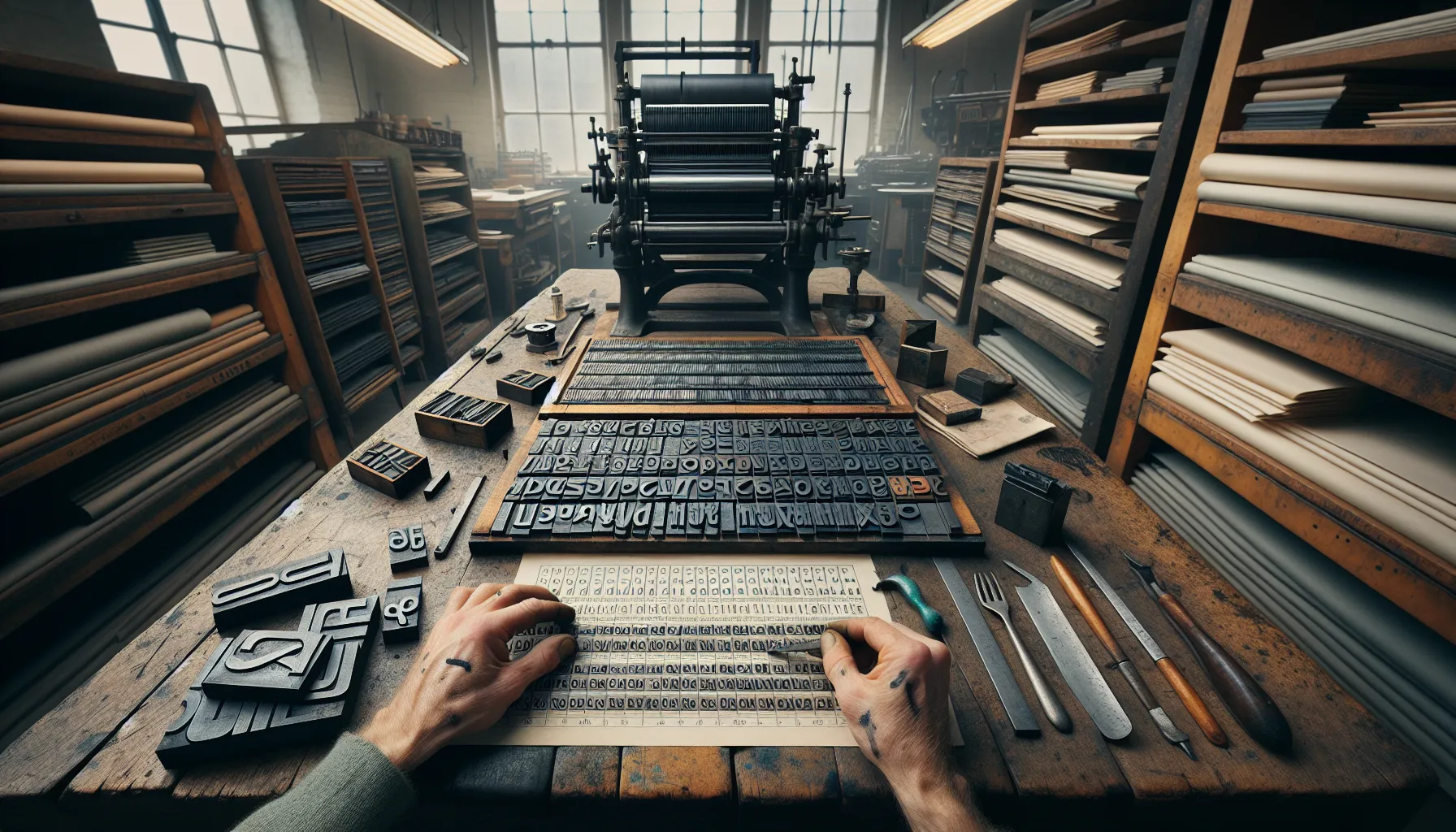Hands setting lead type beside a grid layout in a norwegian print shop.
