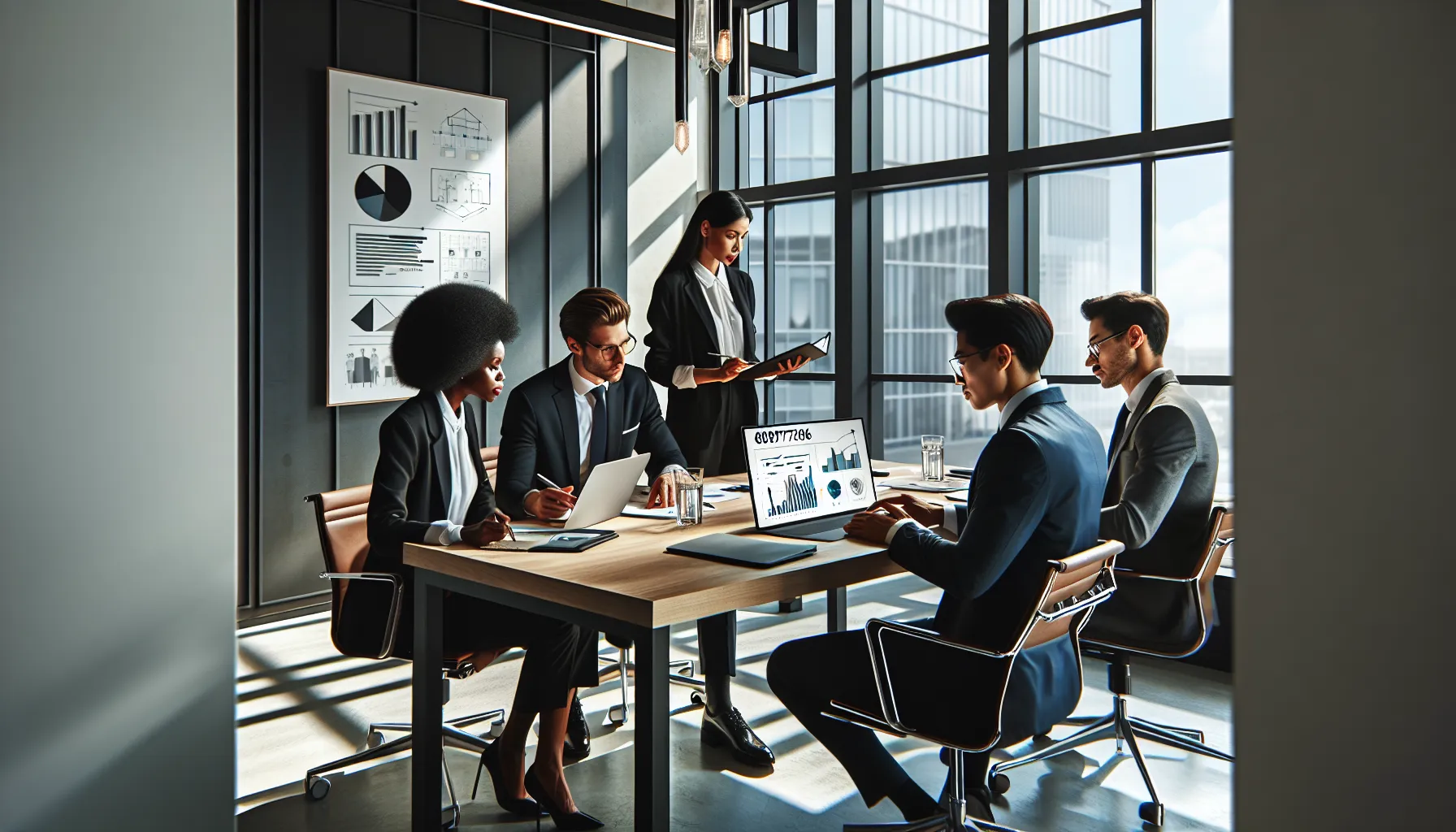 diverse professionals discussing a number in a modern office setting.