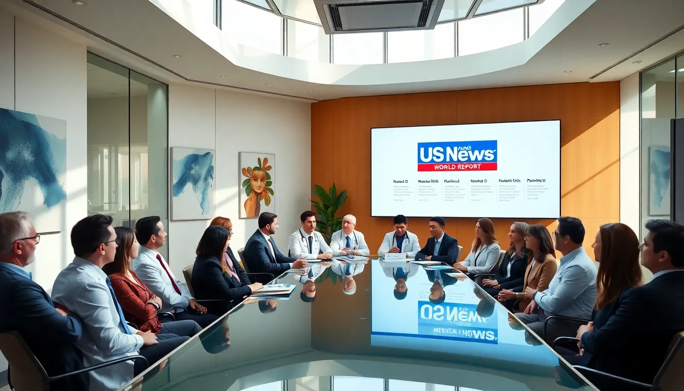 diverse medical professionals discussing school rankings in a modern office.