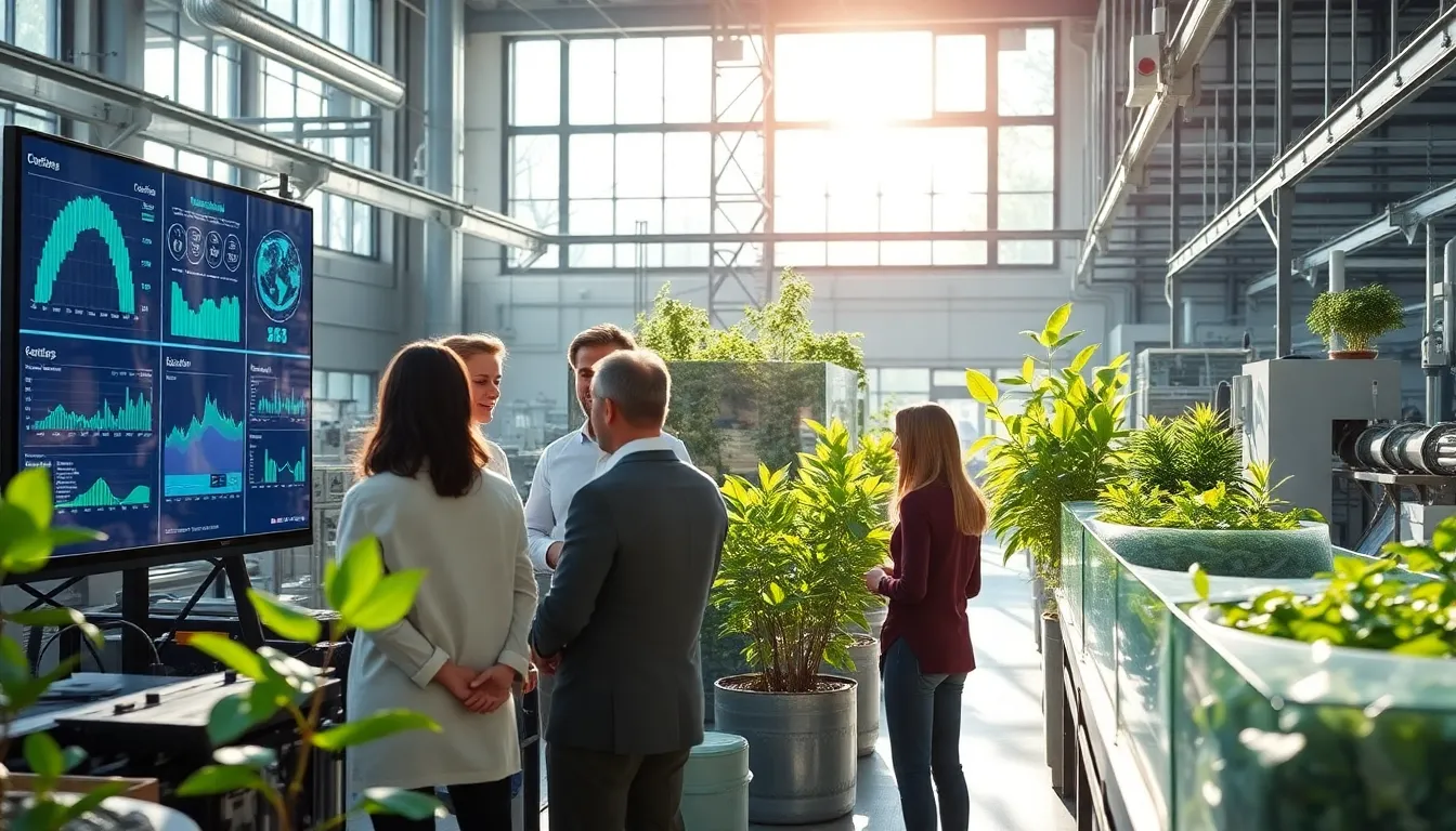 diverse team in a modern factory focusing on sustainable manufacturing technology.