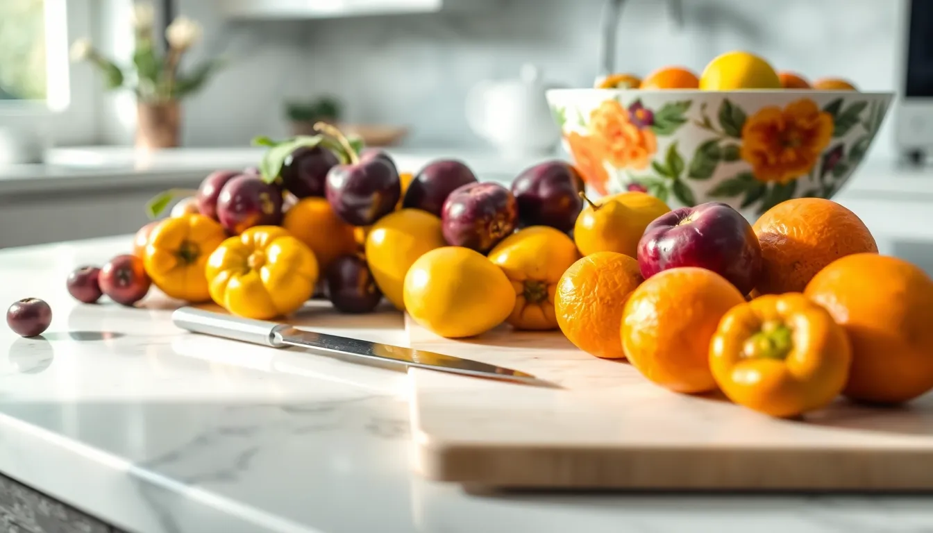 Colorful lucycums displayed on a marble countertop in a modern kitchen.