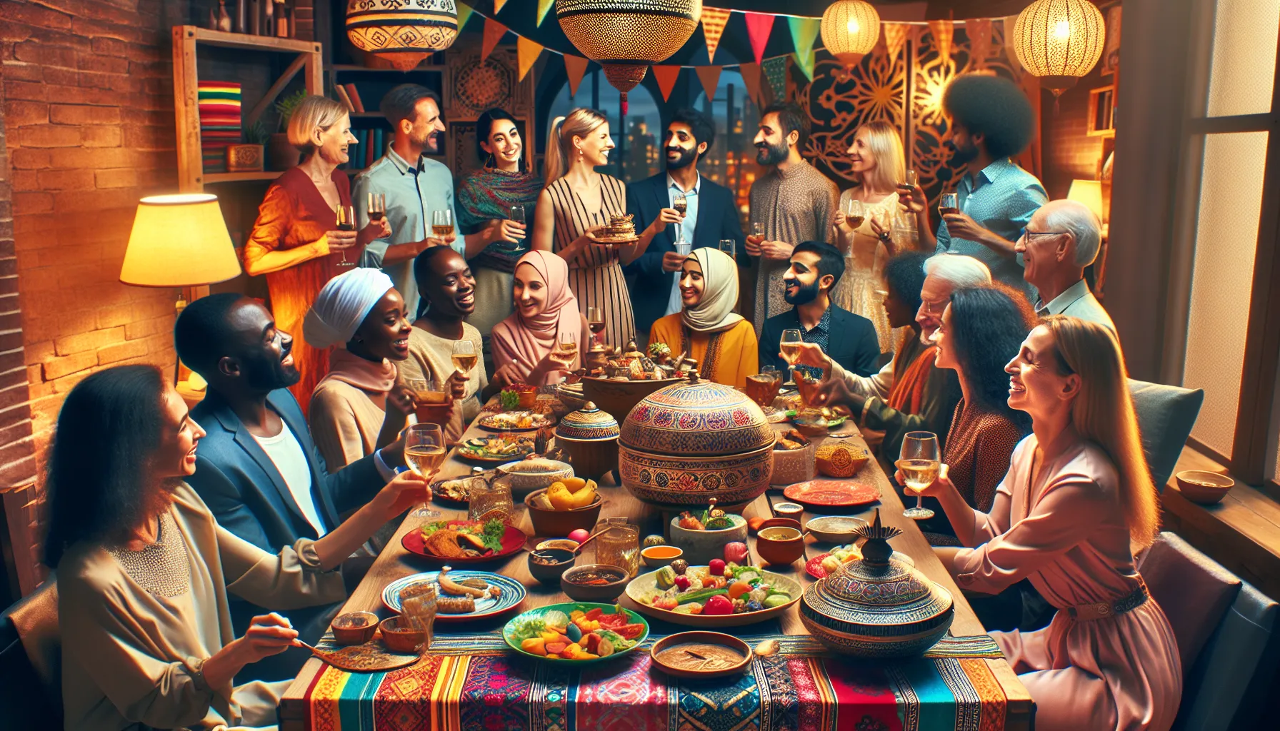 diverse group enjoying a festive gathering celebrating Πωστεγι.
