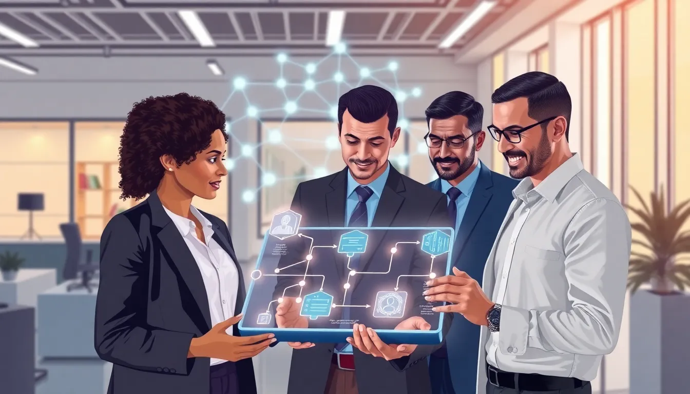 professionals discussing blockchain concepts in a modern office setting.