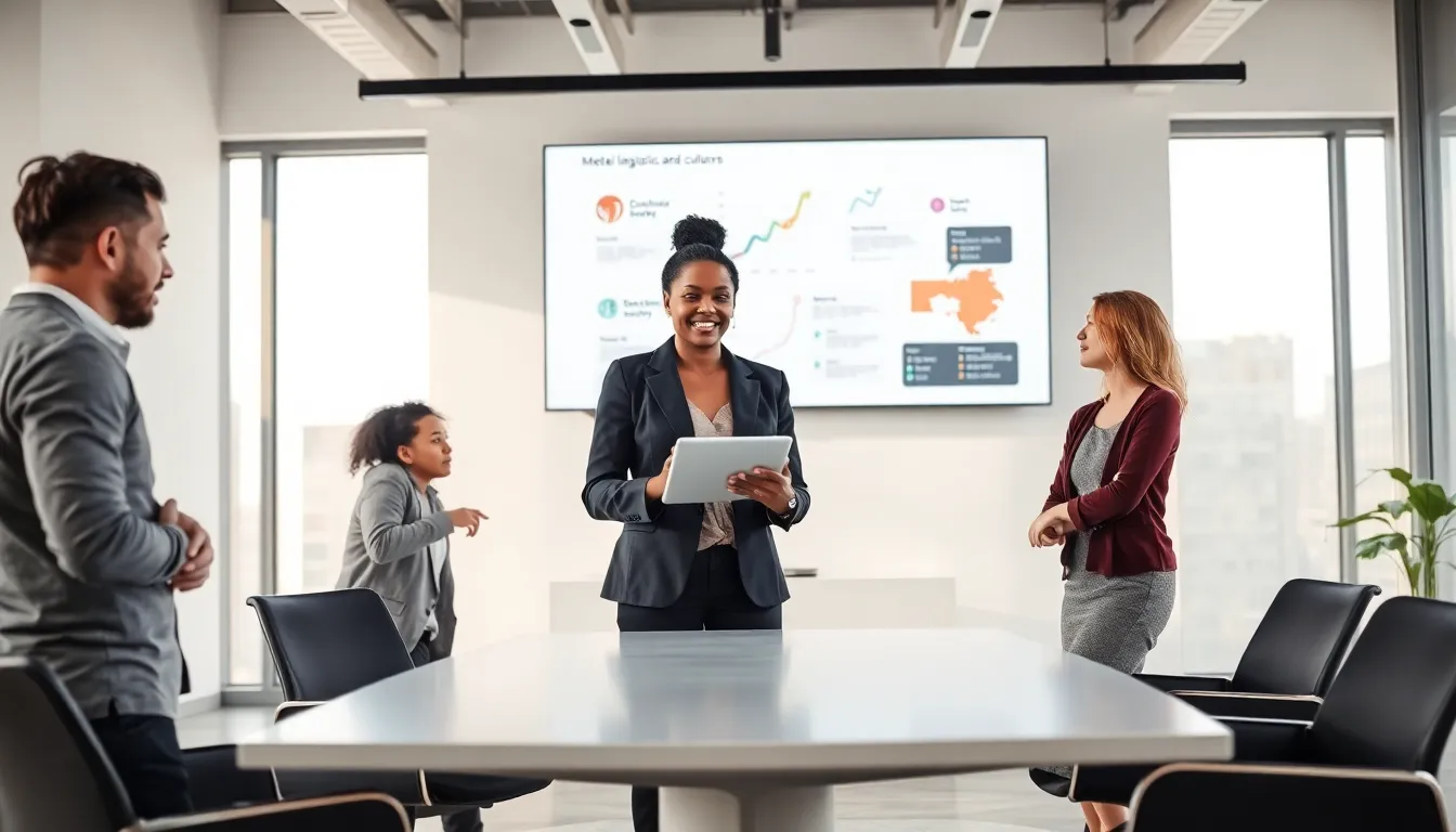 diverse team discussing language trends in a modern office setting.