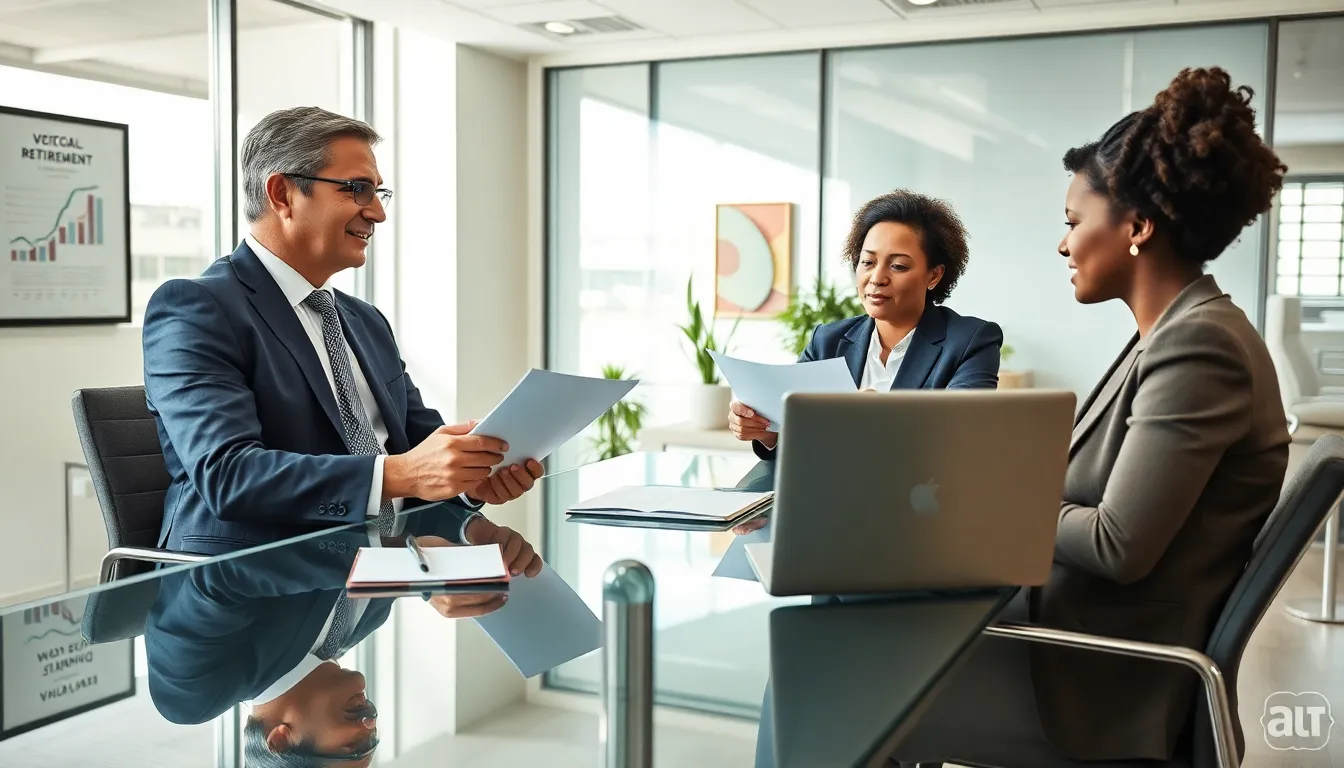 retirement planning specialist consulting a diverse client in an office.