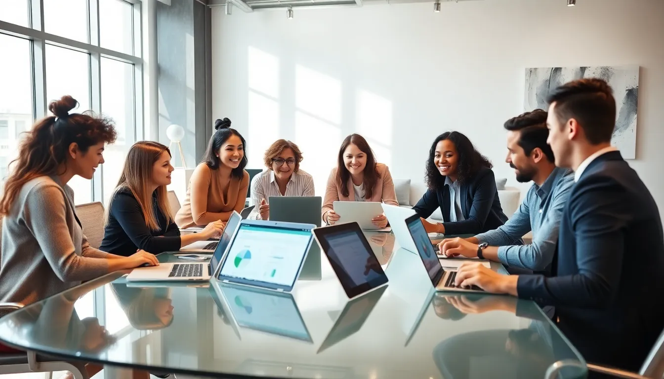 diverse team collaborating with digital tools in a modern office.