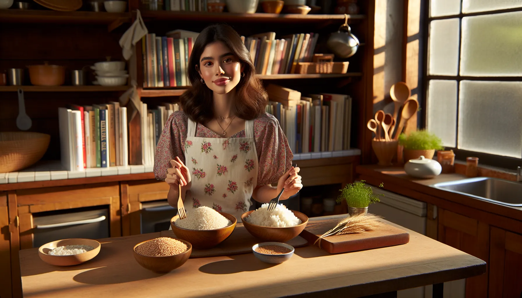 A woman preparing rice in a sunlit American kitchen.