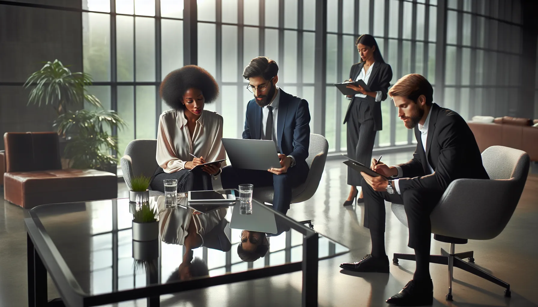 professionals discussing communications in a modern office setting.