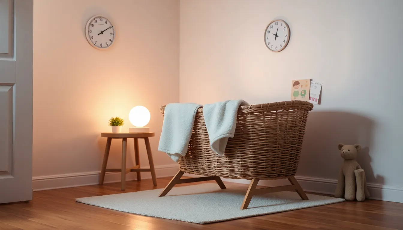 a cozy nursery with a serene bassinet and soft lighting for a baby.