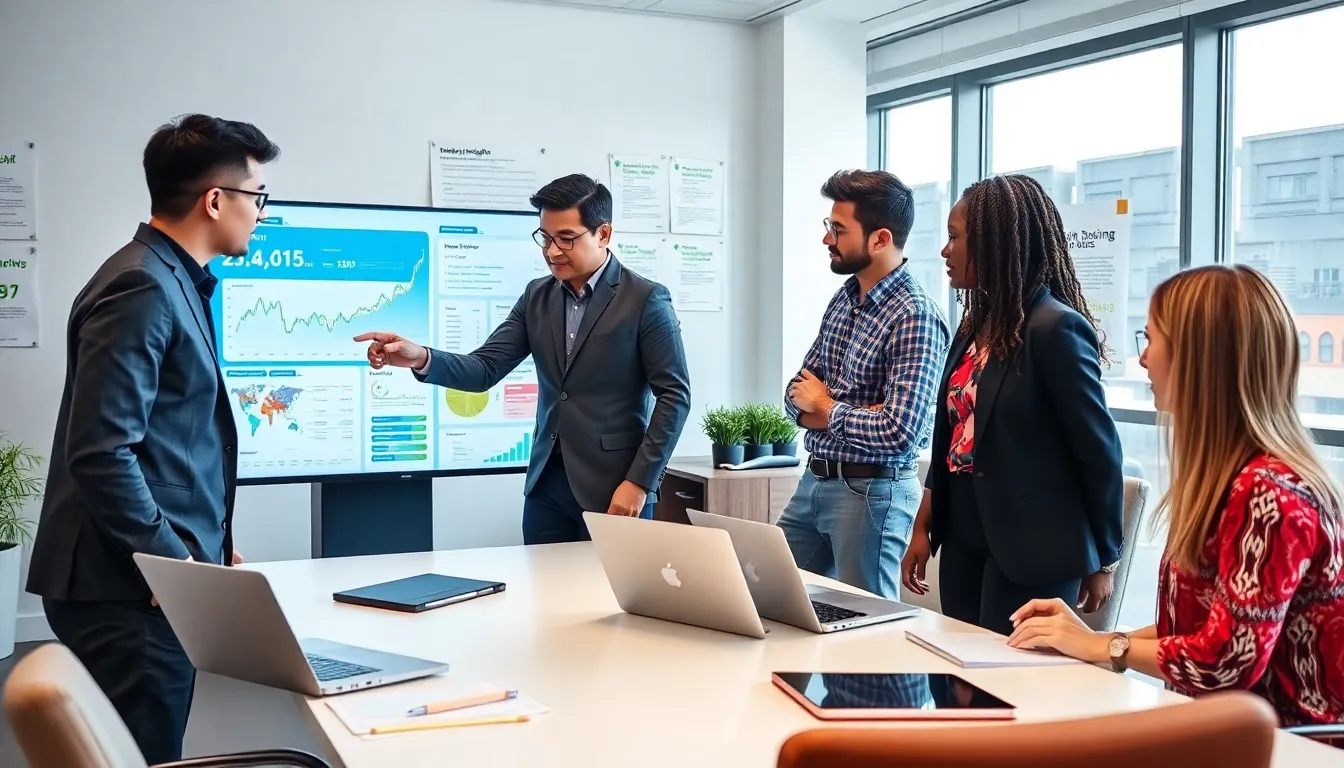 a diverse team discussing digital analytics in a modern office.