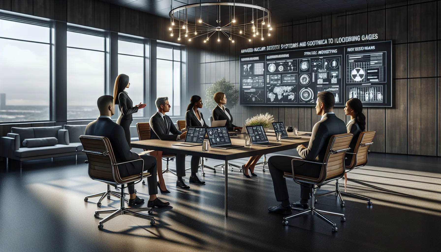 diverse team discussing nuclear detection systems in a modern office.