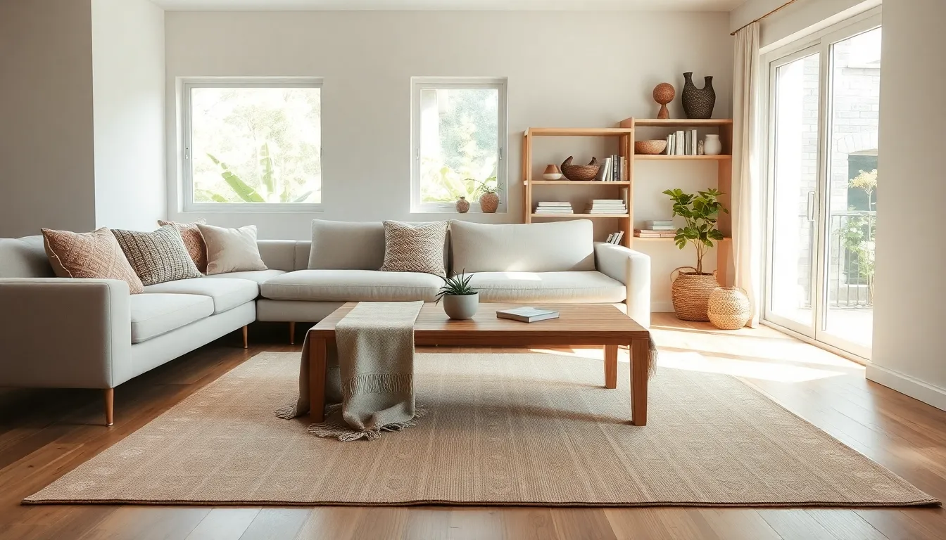minimalist bohemian living room with neutral tones and warm decor.