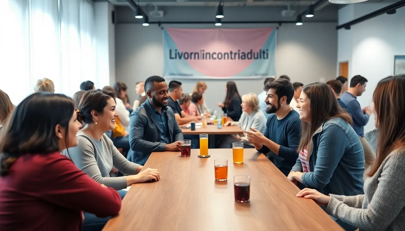 diverse adults interacting at a community event.