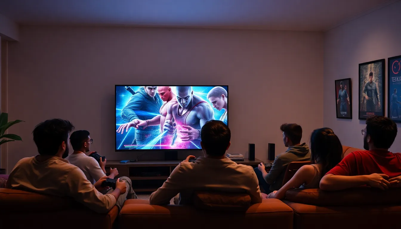 gamers enjoying Tekken 8 Ultimate Edition in a modern living room.