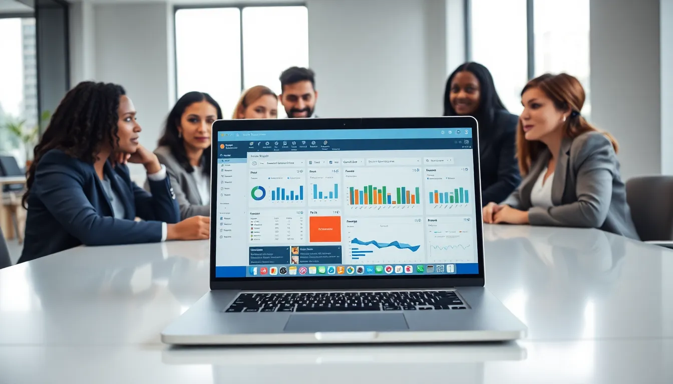 diverse team collaborating over capital project management software in a modern office.