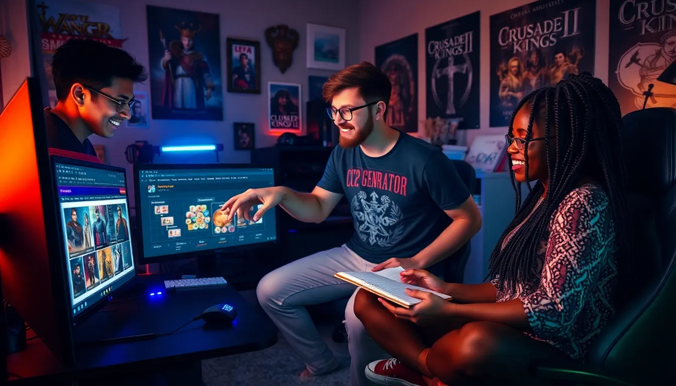 three young adults collaborating on CK2Generator at a computer desk.