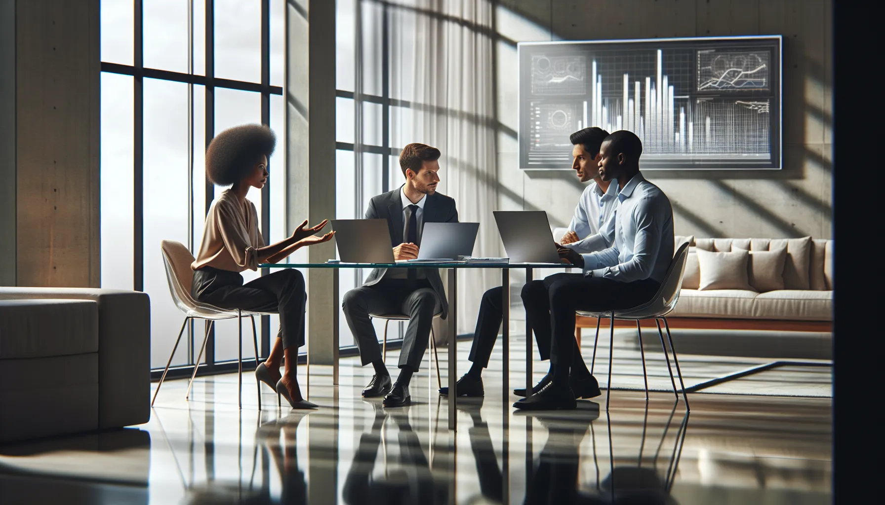 diverse team analyzing call data in a modern office.