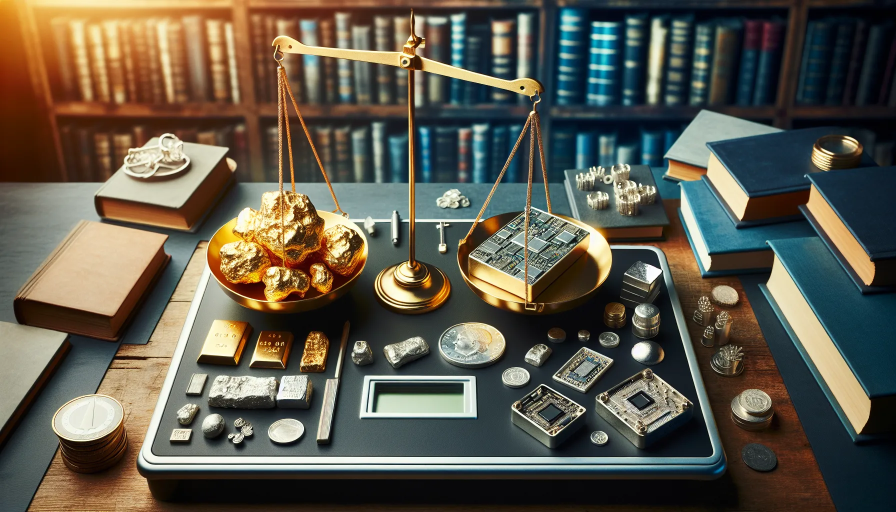 A gold nugget, silver ingot, and weighing scales on a workshop desk.