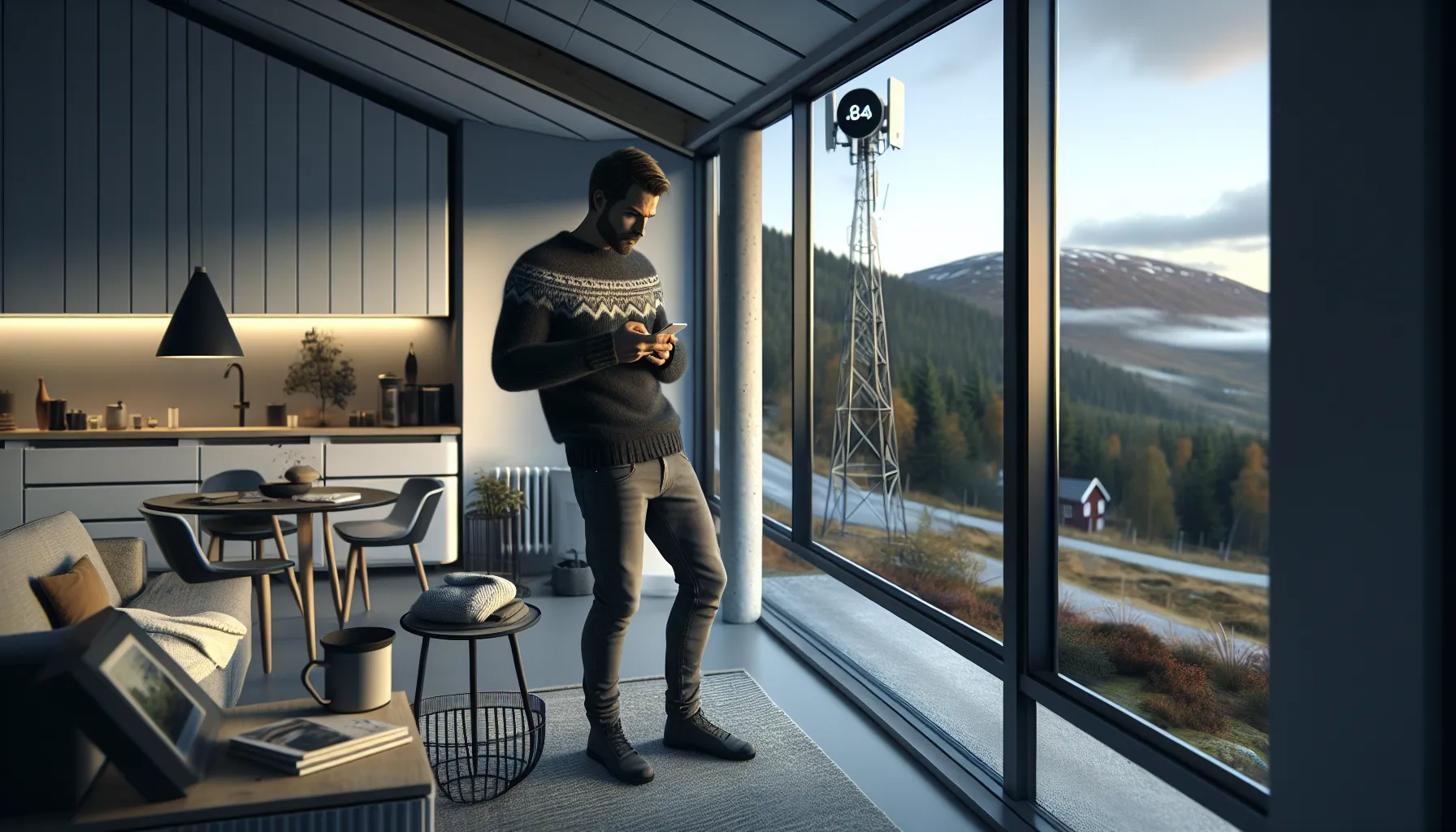 Tips for å forbedre signalmottaket på mobilen din 2 Norwegian man by window checking weak mobile signal with wifi router behind him.