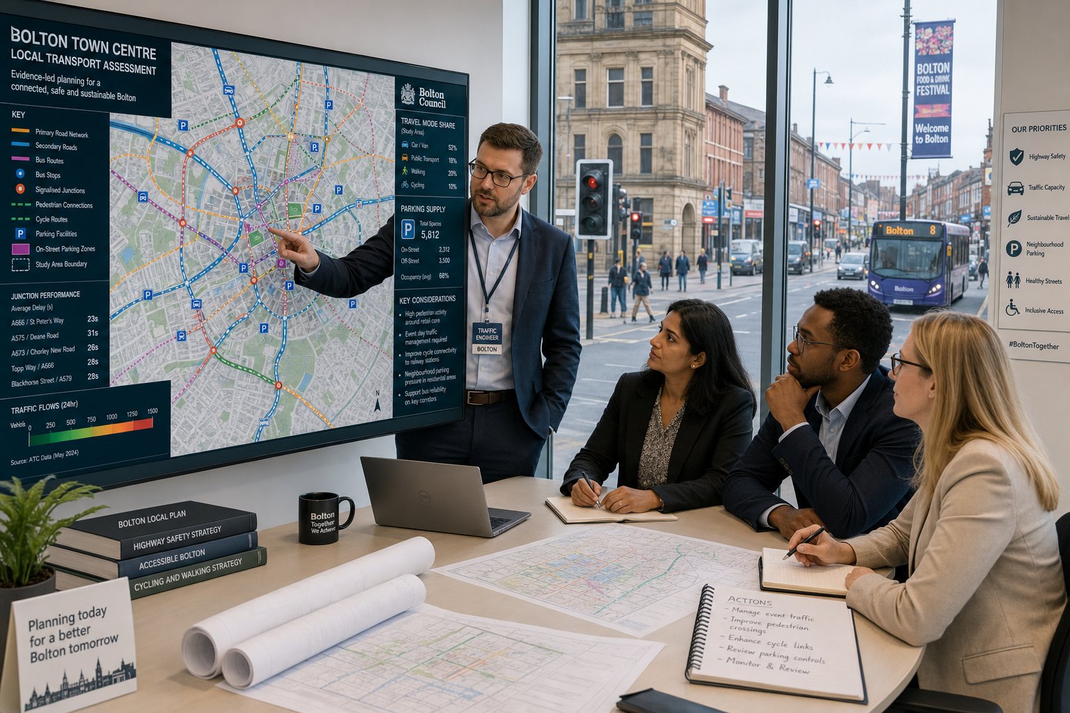 Traffic engineer reviewing Bolton transport plans in a modern office.