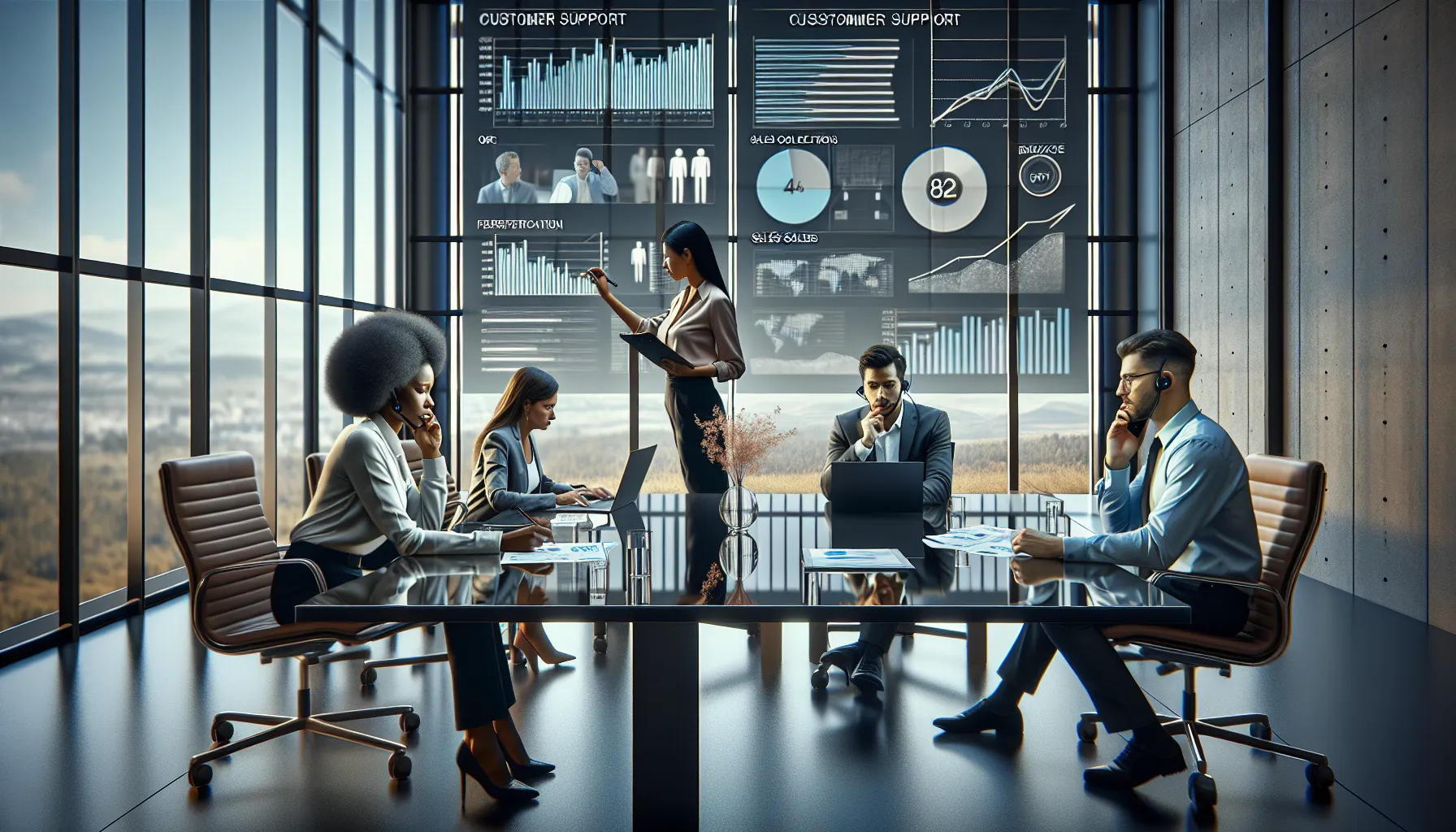 diverse team discussing customer support in a modern office.