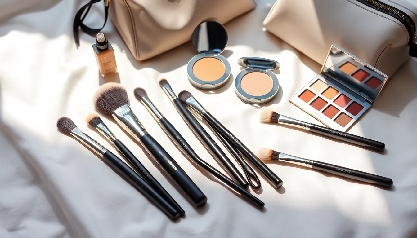 organized travel makeup brush set with accompanying cosmetics.