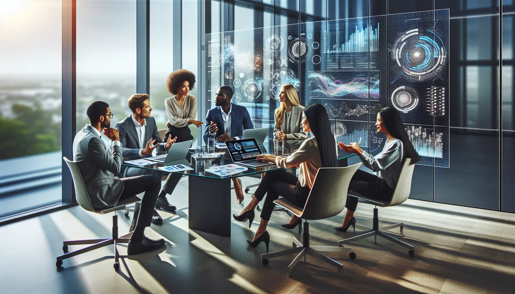 diverse team discussing data tracking applications in a modern office.