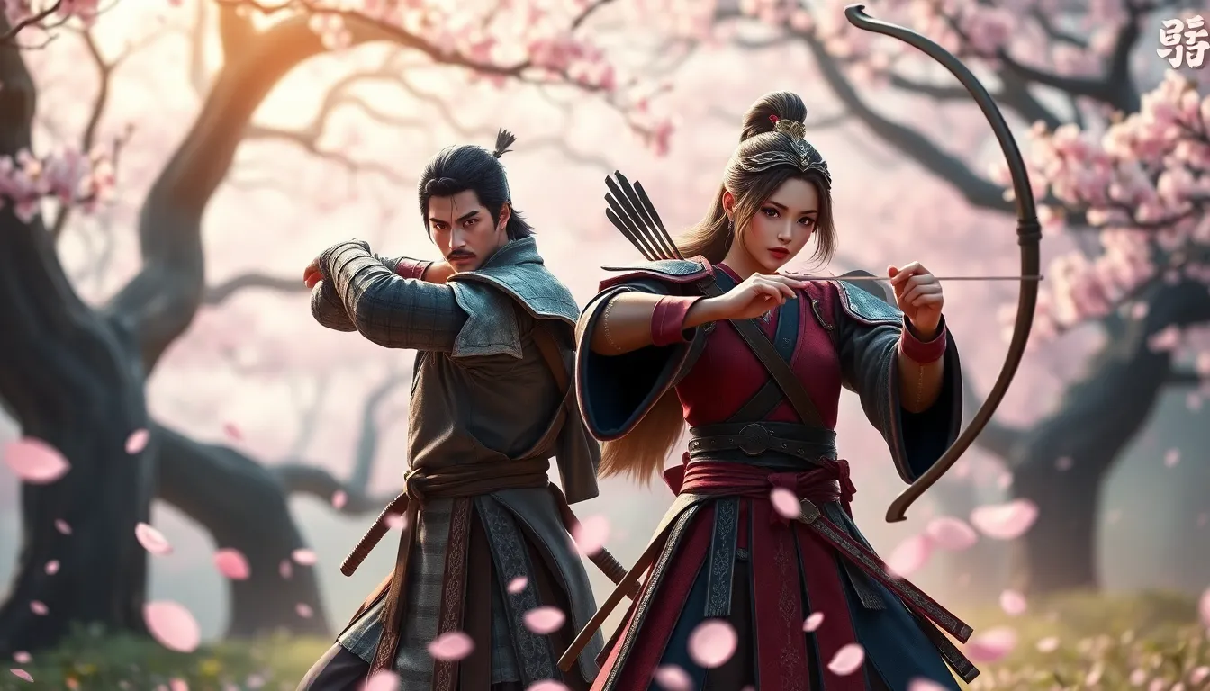 two samurai in traditional armor preparing for battle in a cherry blossom forest.