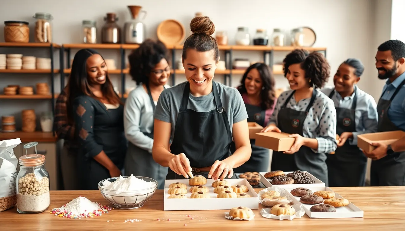 Group of bakers preparing cookie boxes in a warm bakery.