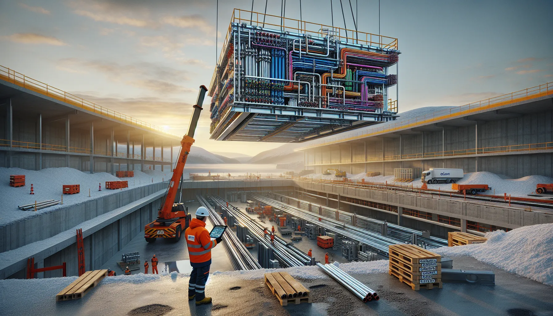 Crane hoists prefabricated pipe module into norwegian building for rapid installation.